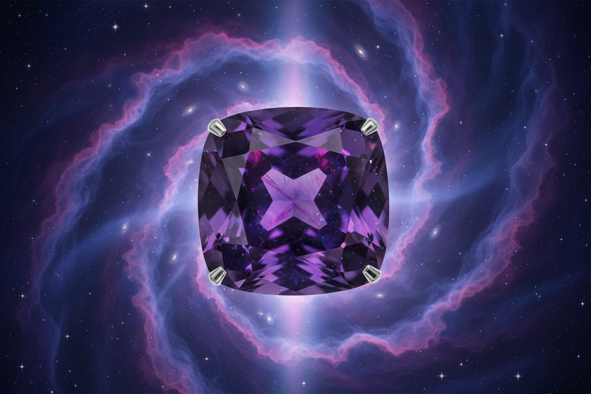Natural Khooni Neelam purple sapphire gemstone with deep violet hues in cosmic setting - Certified authentic gemstones