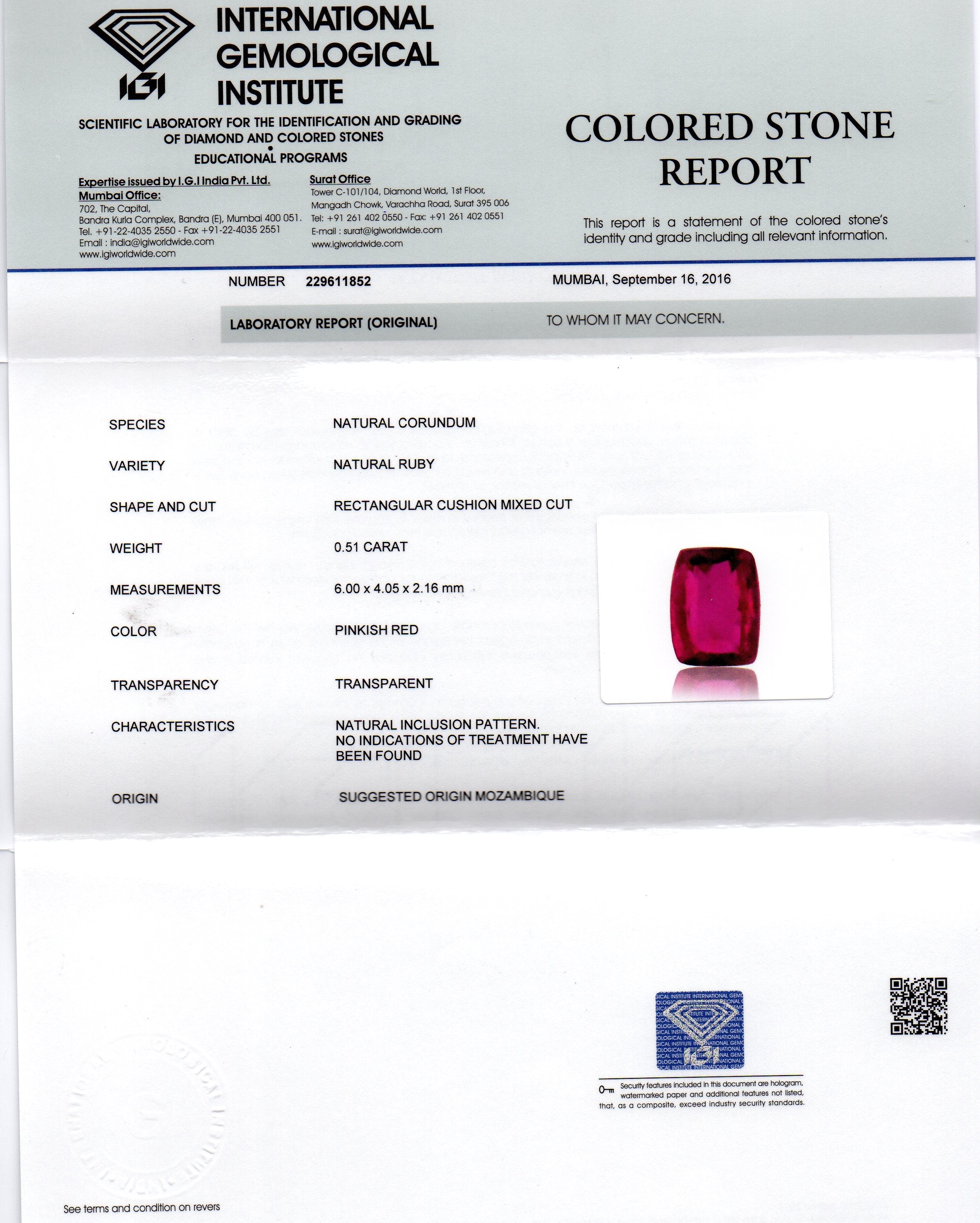 0.51 Ct IGI Certified Unheated Untreted Natural Mozambique Ruby AAAAA