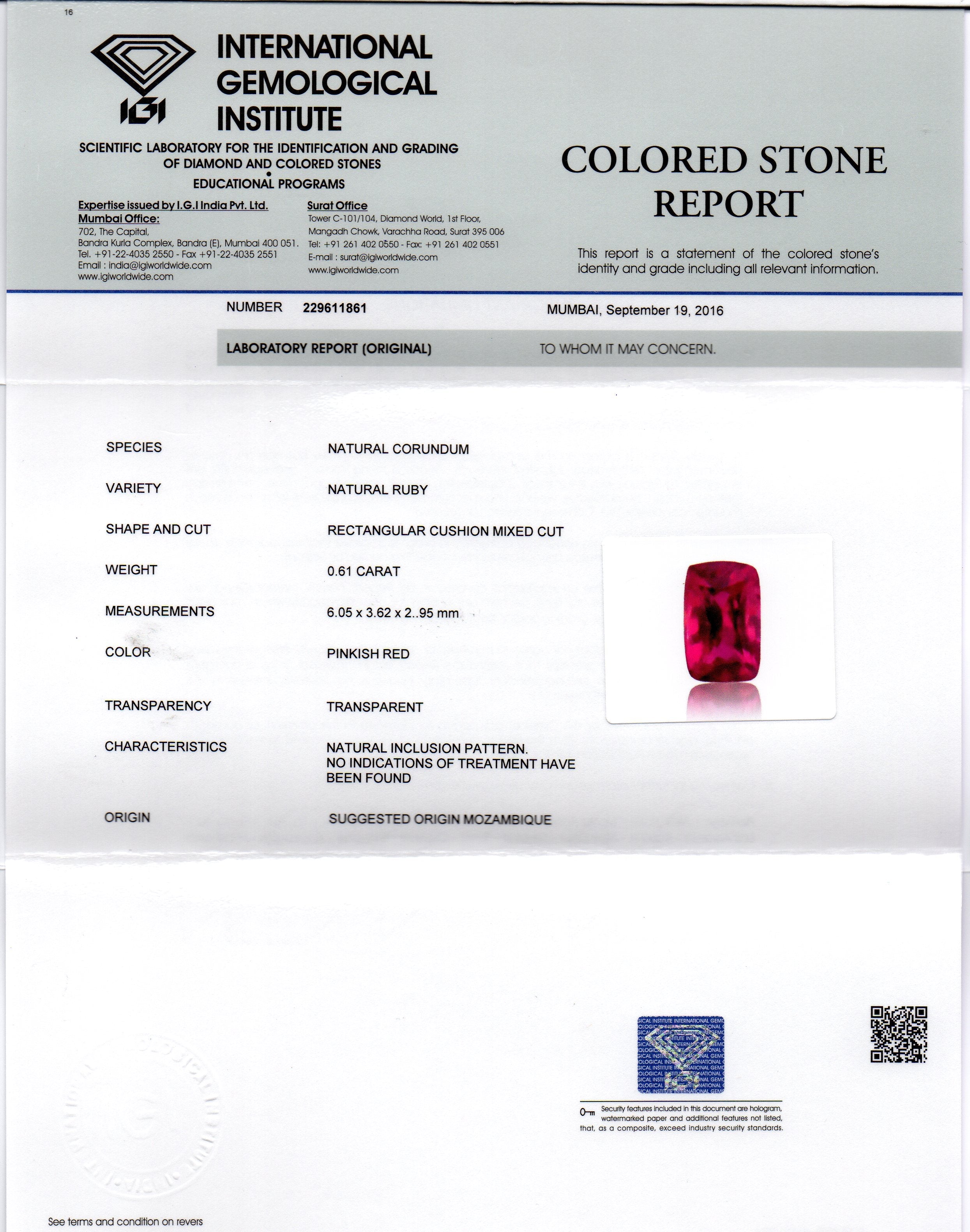 0.61 Ct IGI Certified Unheated Untreted Natural Mozambique Ruby AAAAA