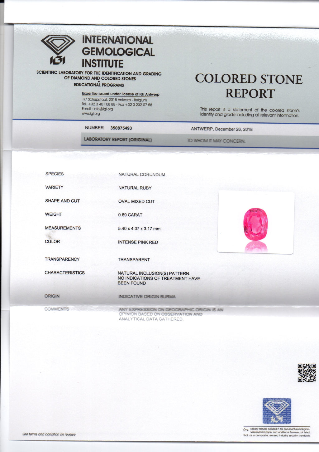 0.69 Ct IGI Certified Unheated Untreated Natural Old Burma Ruby AAA