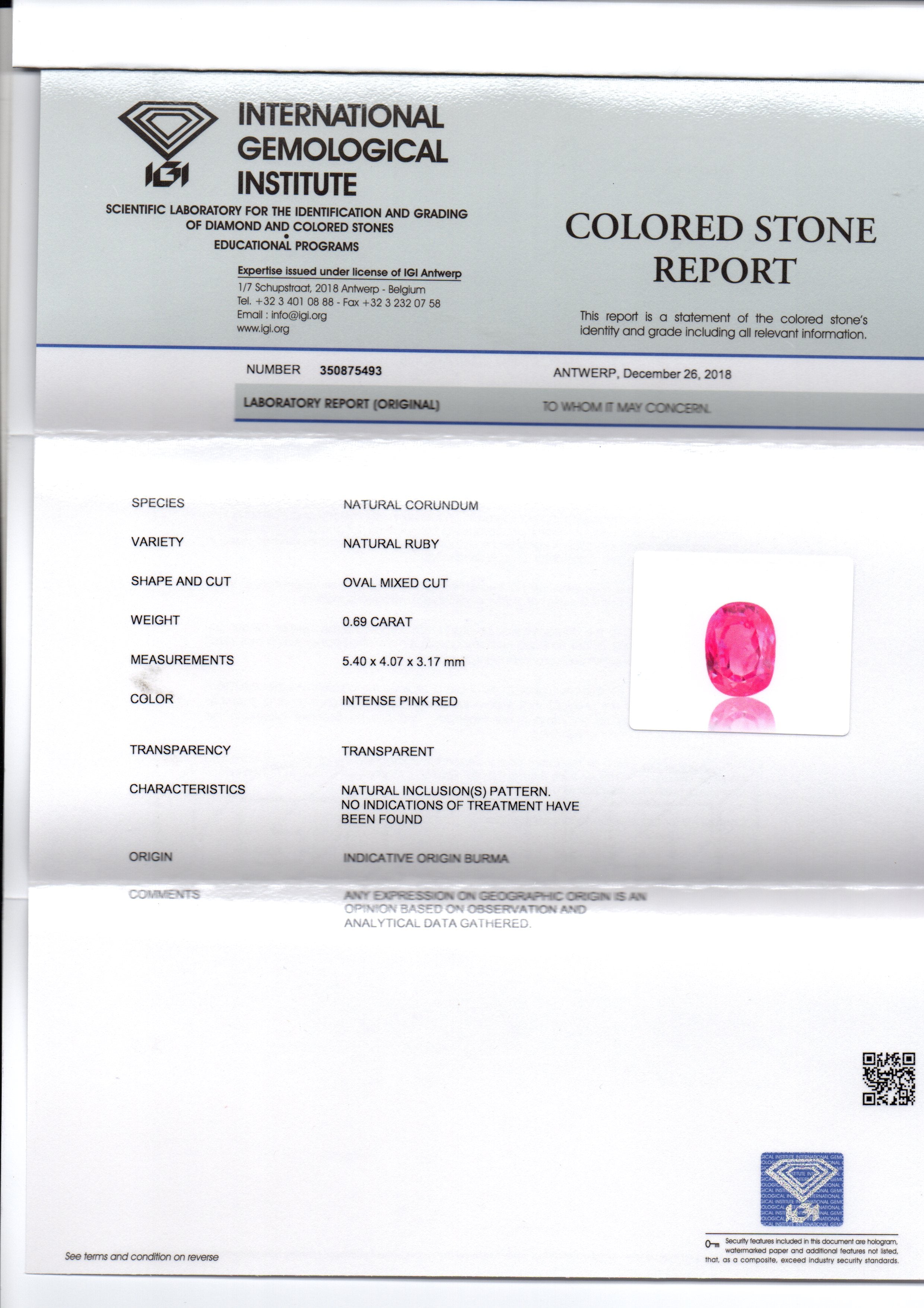 0.69 Ct IGI Certified Unheated Untreated Natural Old Burma Ruby AAA