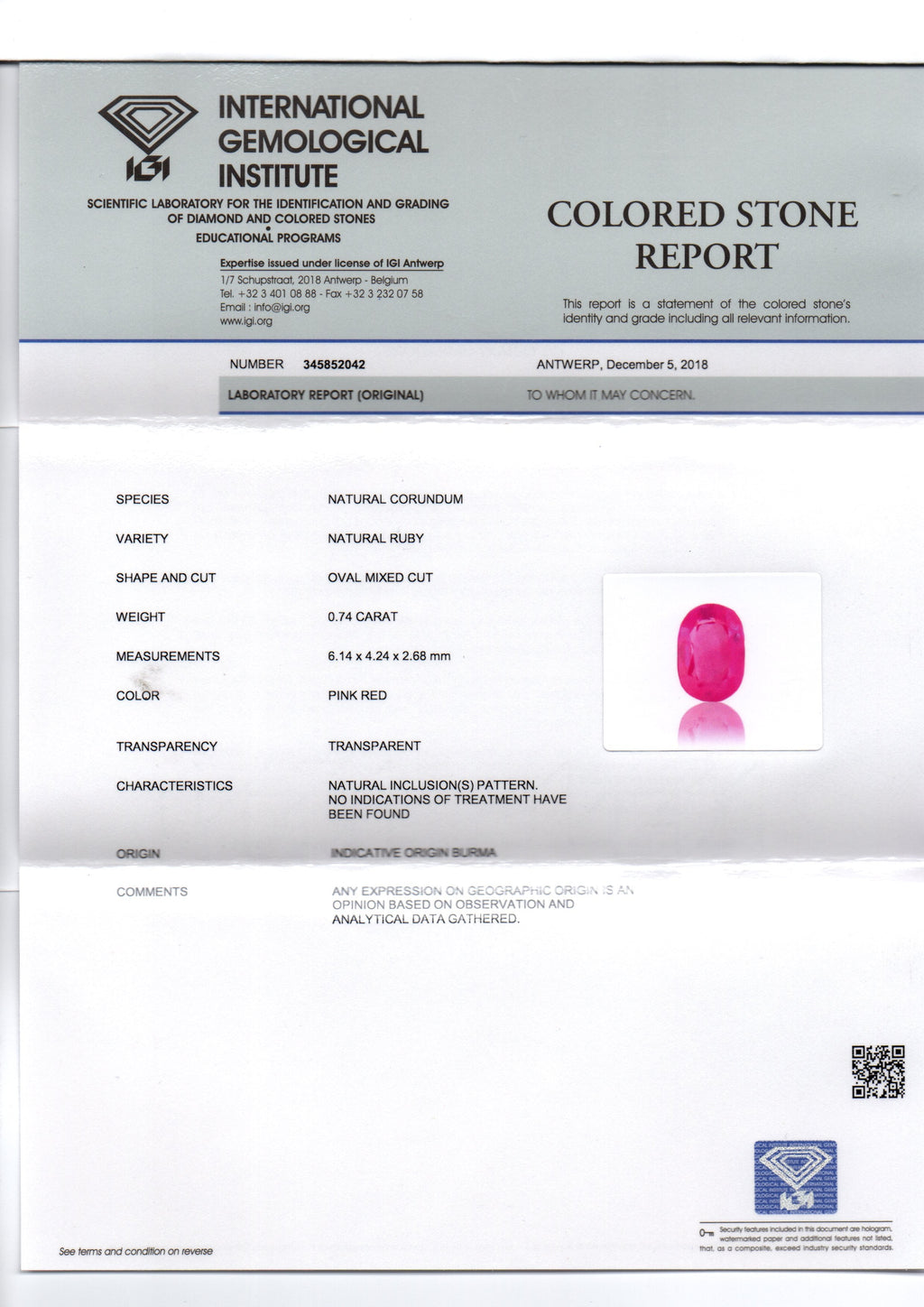0.74 Ct IGI Certified Unheated Untreated Natural Old Burma Ruby AAA