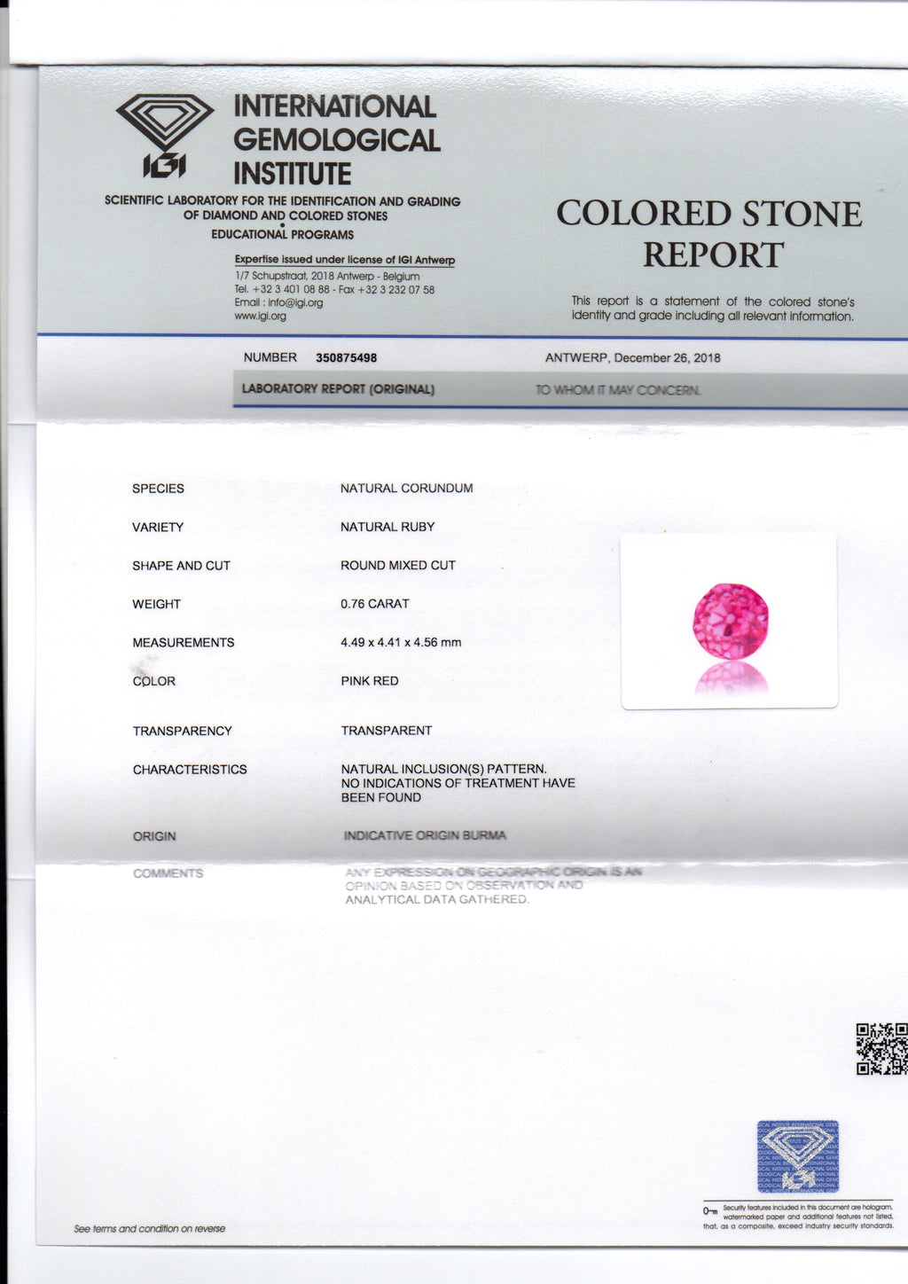 0.76 Ct IGI Certified Unheated Untreated Natural Old Burma Ruby AAA