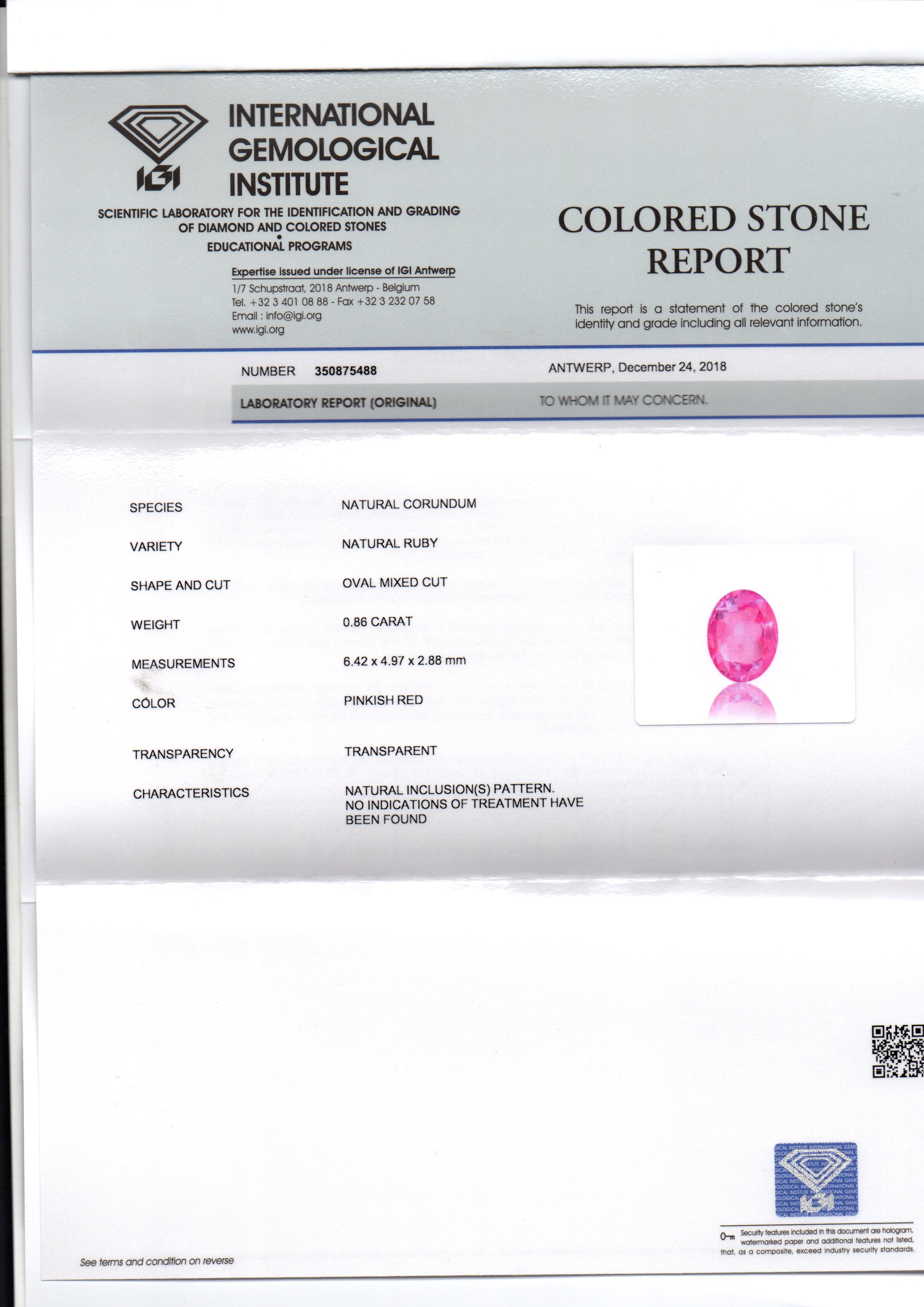0.86 Ct IGI Certified Unheated Untreated Natural Old Burma Ruby AAA