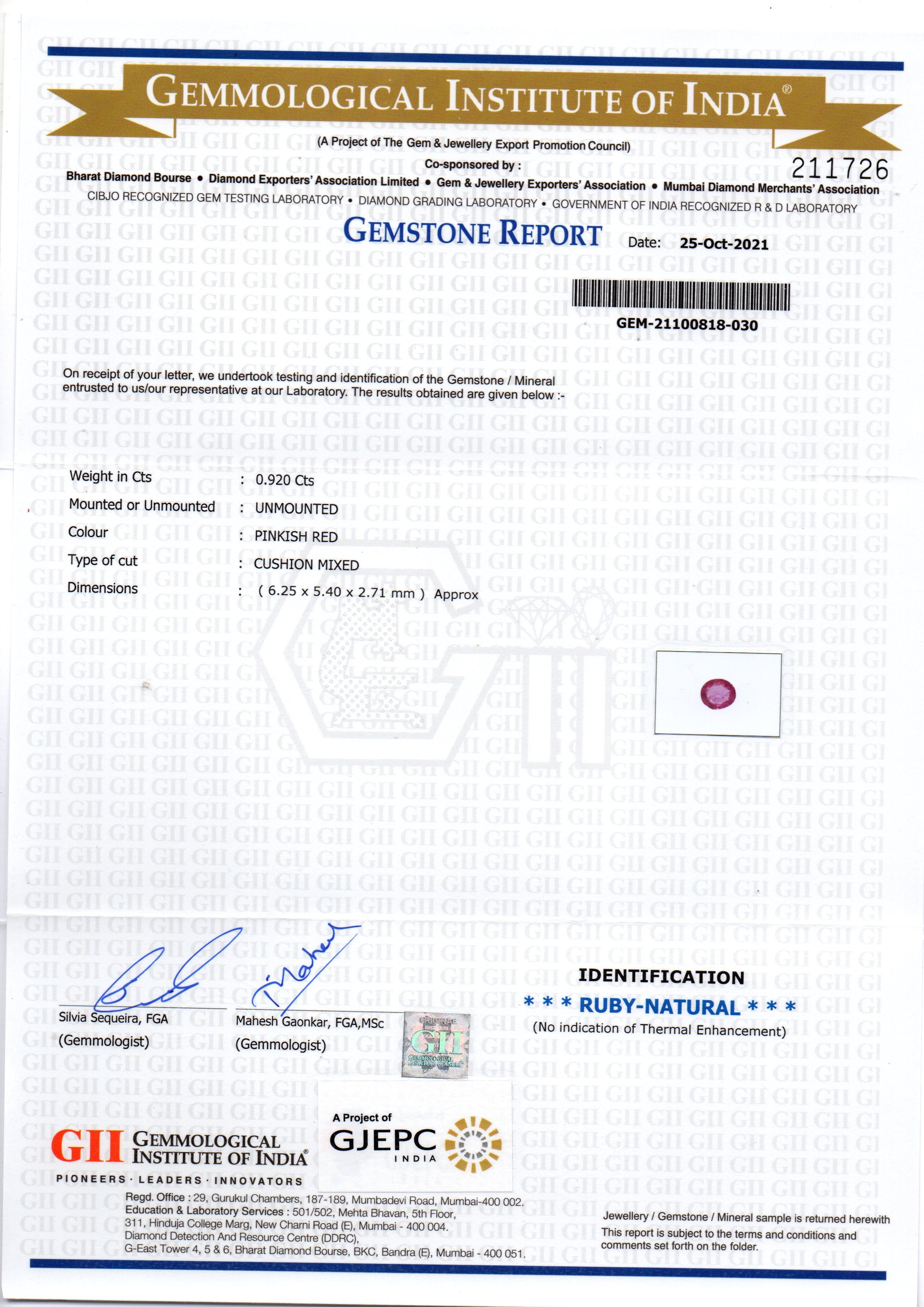 0.92 Ct GII Certified Unheated Untreted Natural Madagaskar Ruby Gems