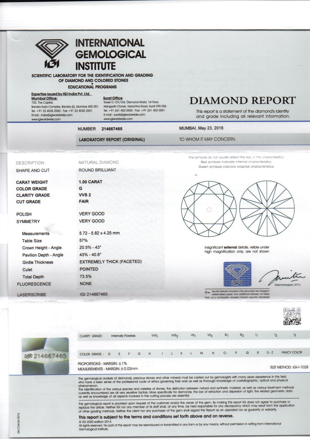 RARE 1 CT Solitaire IGI certified VVS2-G colour Natural Diamond