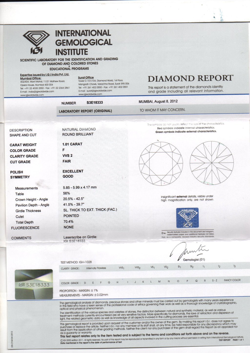 RARE 1.01 CT Solitaire IGI certify VVS2-F colour Natural Diamond