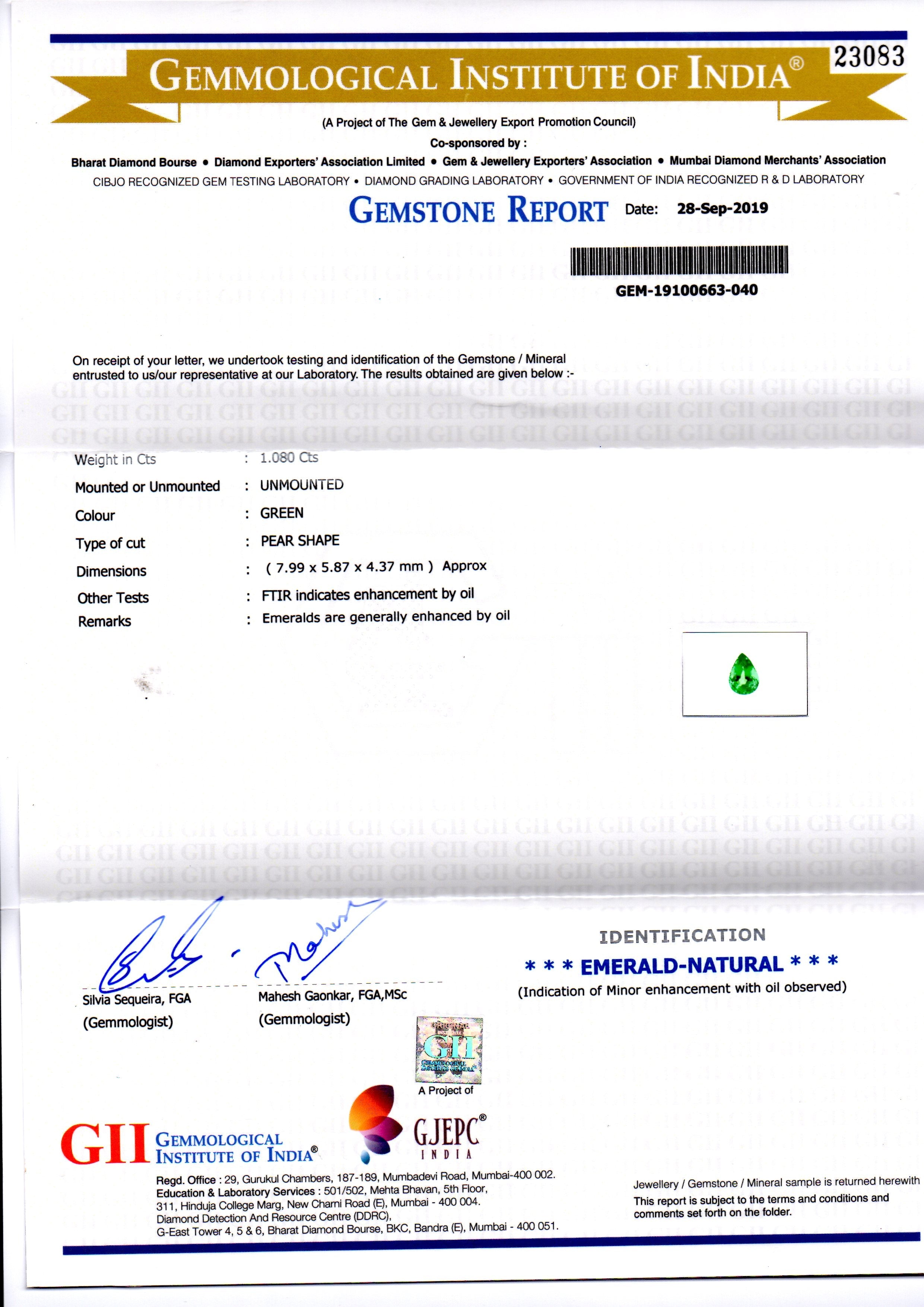 1.08 Ct GII Certified Untreated Natural Zambian Emerald Gemstone AAAAA