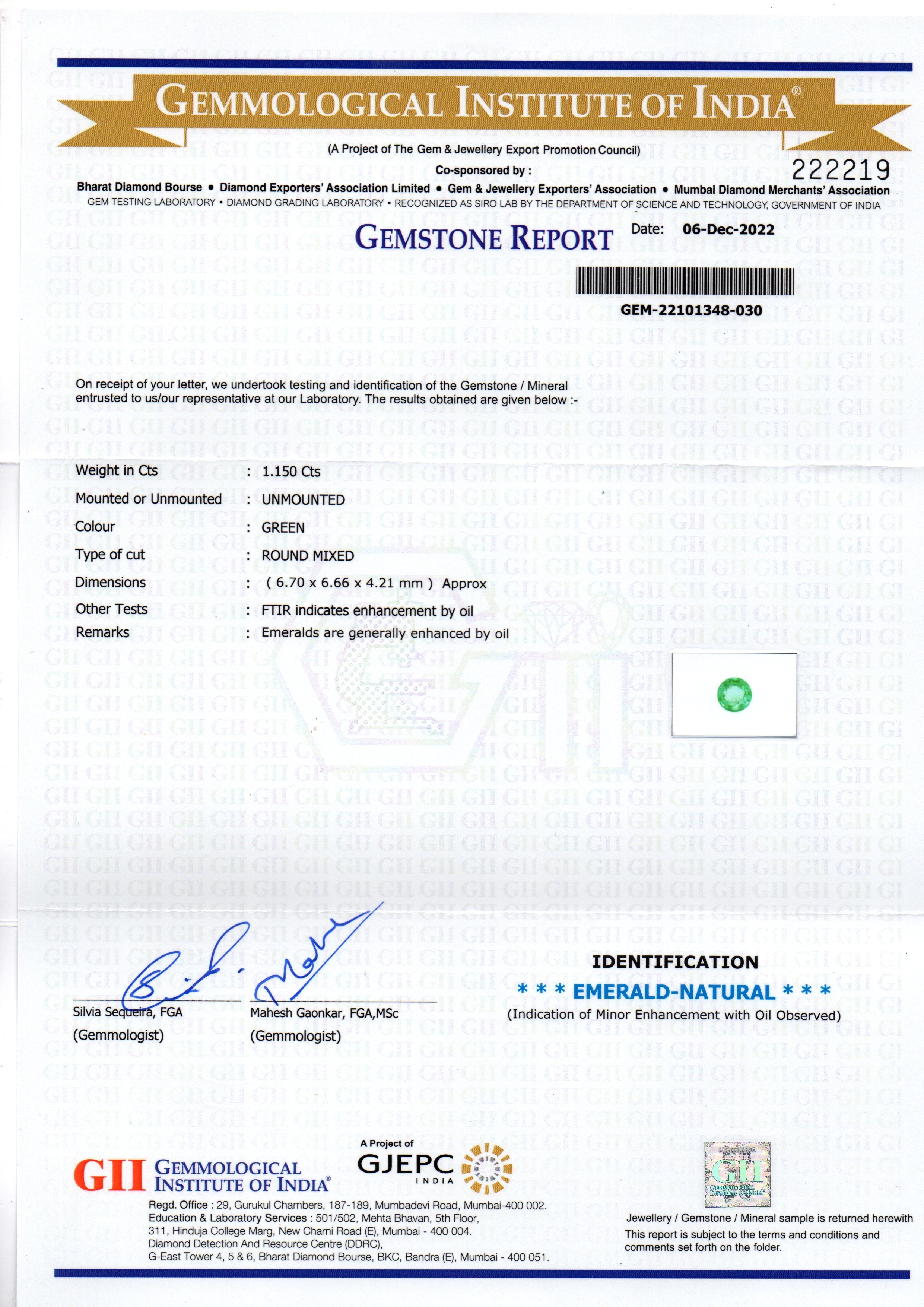 1.15 Ct GII Certified Untreated Natural Colombian Emerald Gemstone AAA