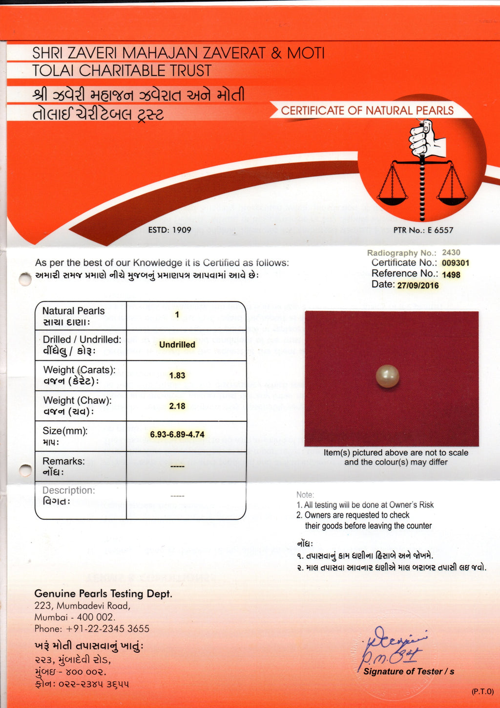 1.83 Ct 2.18 Chaw Natural Basra Pearl Real Basra Moti Certified