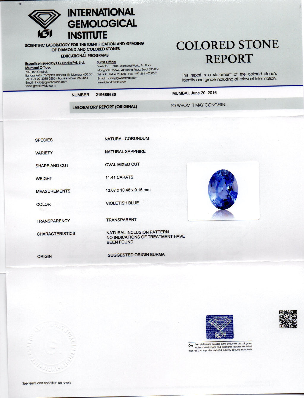 Huge 11.41 Ct IGI Certified Unheated Untreated Burma Blue Sapphire A++