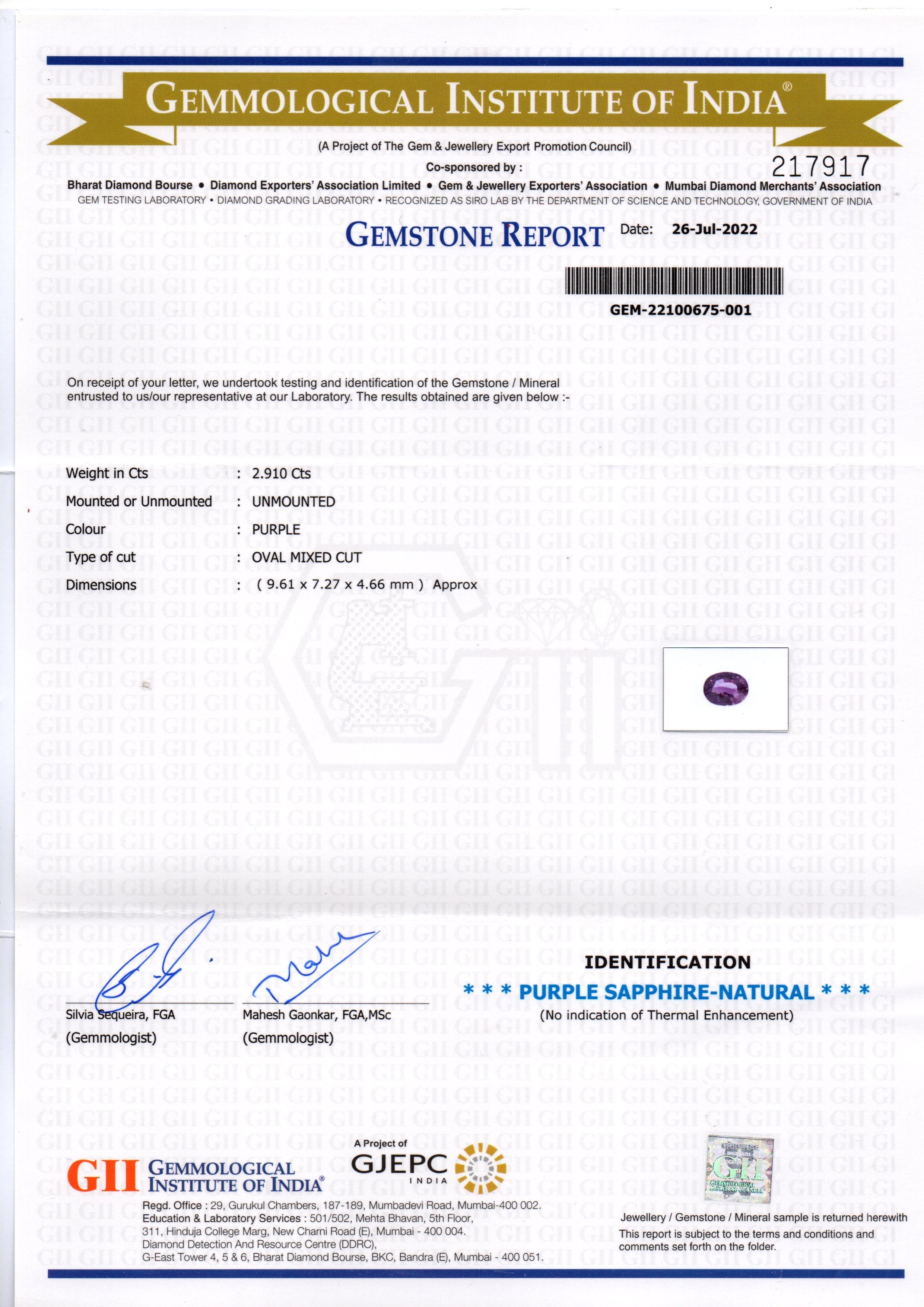 2.91 Ct GII Certified Unheated Untreted Natural Purple Sapphire Ruby