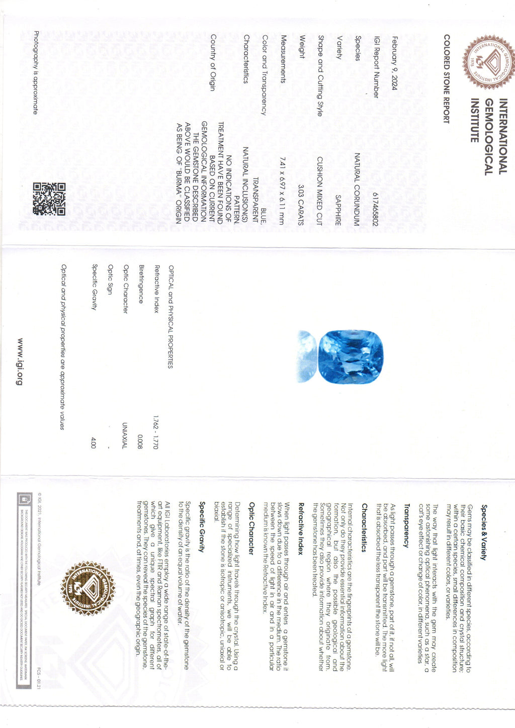 3.03 Ct IGI Certified Unheated Untreated Natural Burma Blue Sapphire