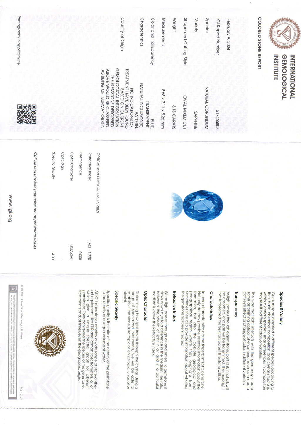 3.13 Ct IGI Certified Unheated Untreated Natural Burma Blue Sapphire