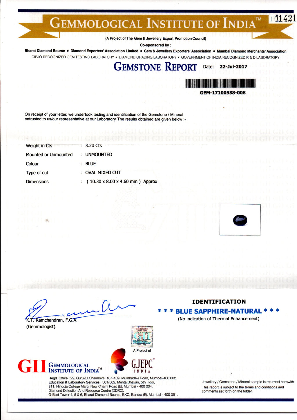 3.20 Ct GII Certified Unheated Untreated Natural Ceylon Deep Blue Sapphire