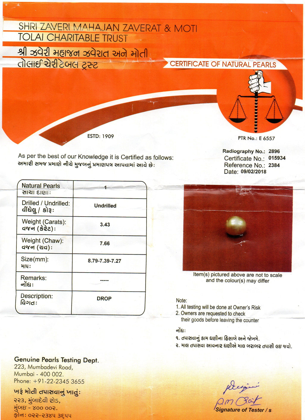 3.43 Ct 7.66 Chaw Natural Real Basra Pearl Moti Certified *RARE