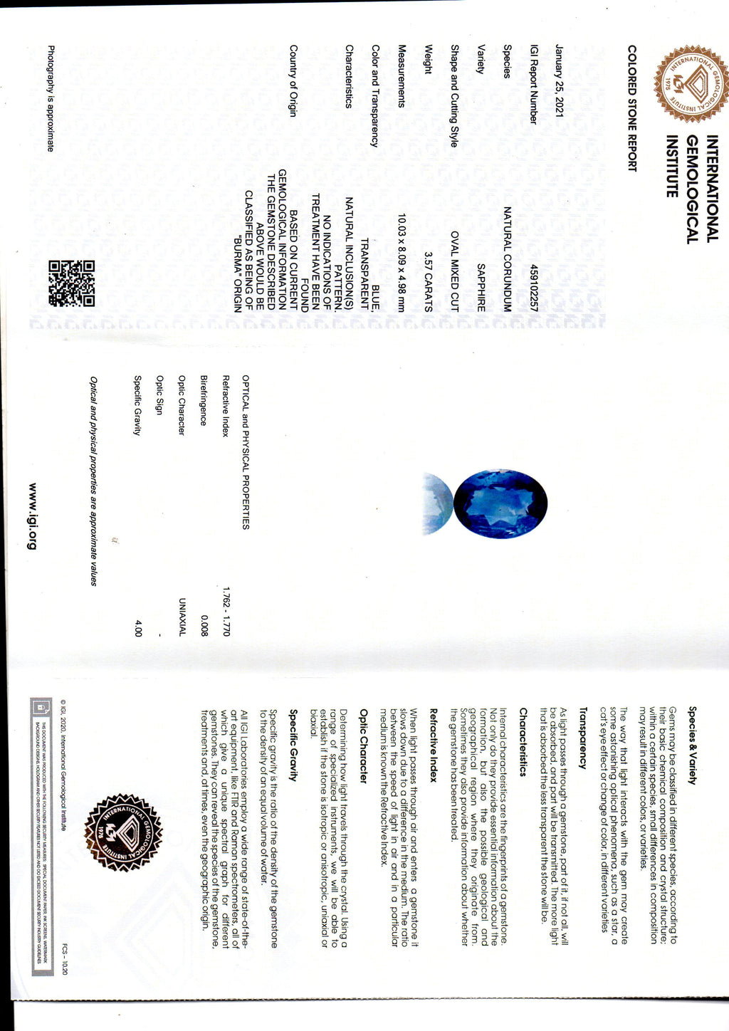 3.57 Ct IGI Certified Unheated Untreated Natural Burma Blue Sapphire AAA