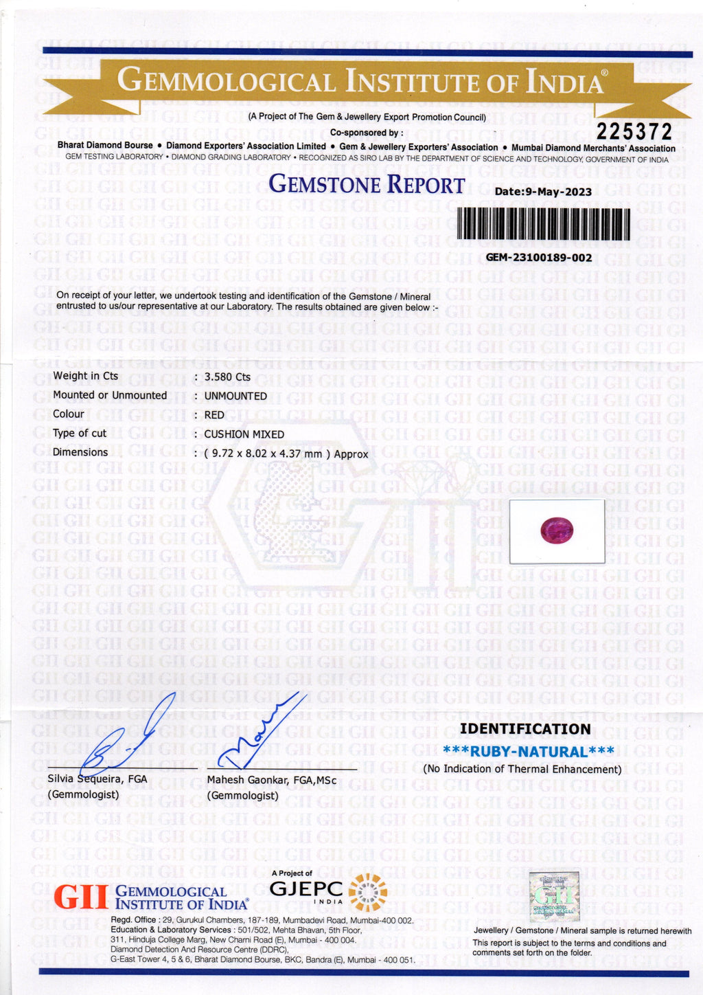 3.58 Ct GII Certified Unheated Untreated Natural Mozambique Ruby AAAA