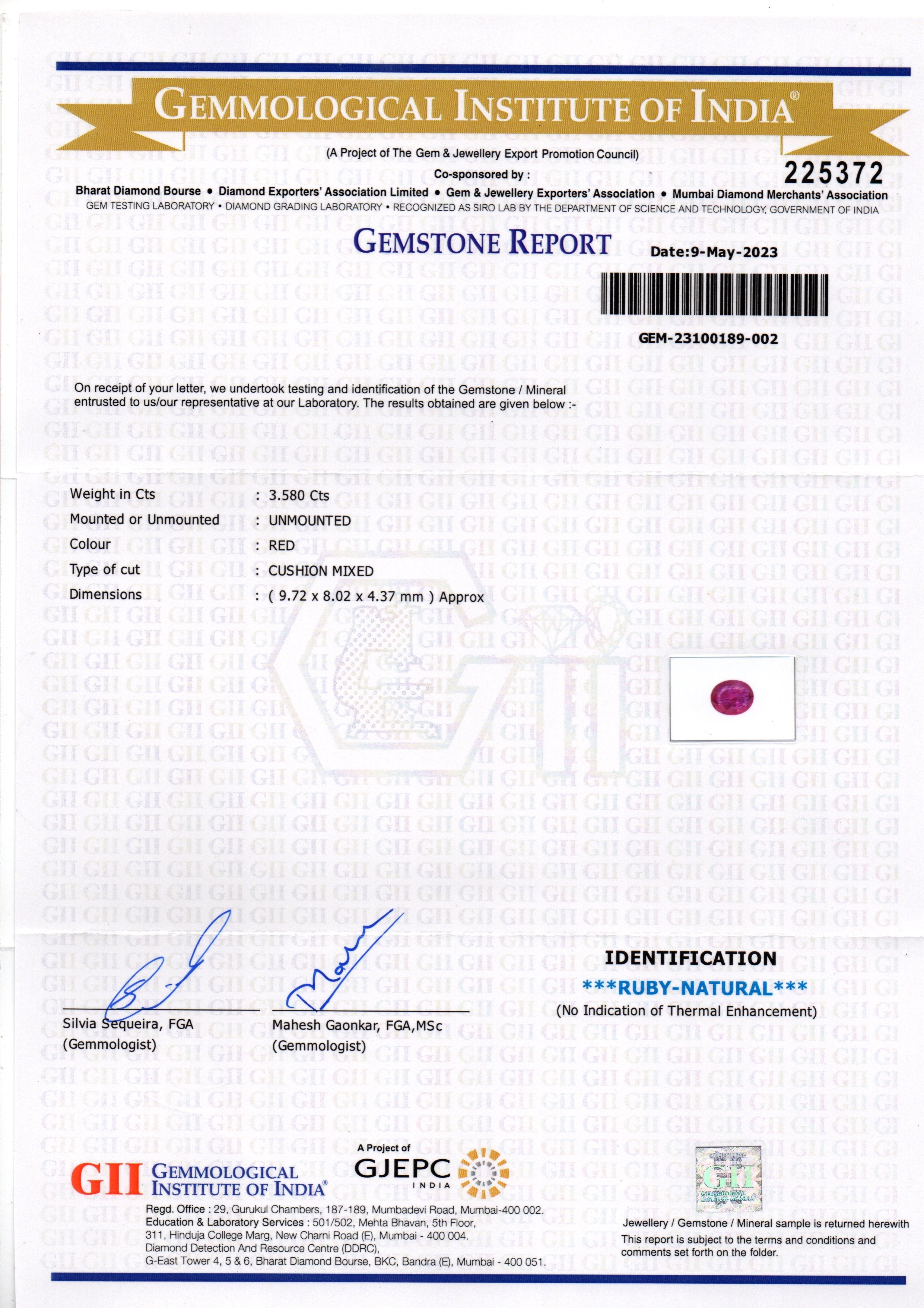 3.58 Ct GII Certified Unheated Untreated Natural Mozambique Ruby AAAA