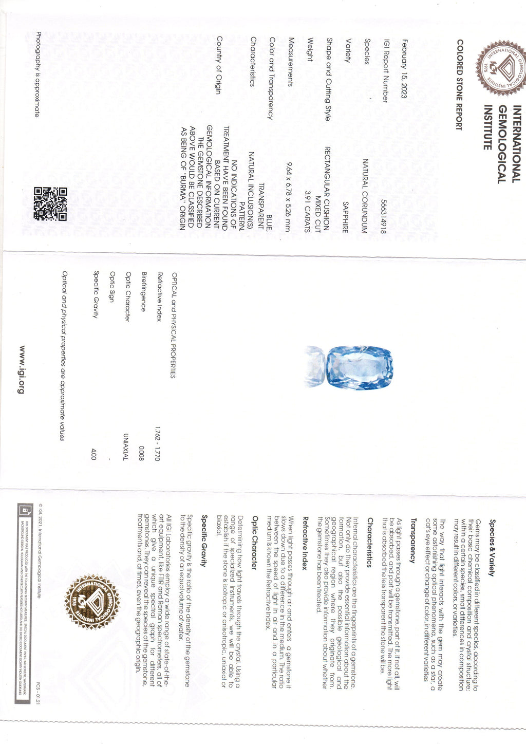 3.91 Ct IGI Certified Unheaated Untreated Natural Burma Blue Sapphire AA