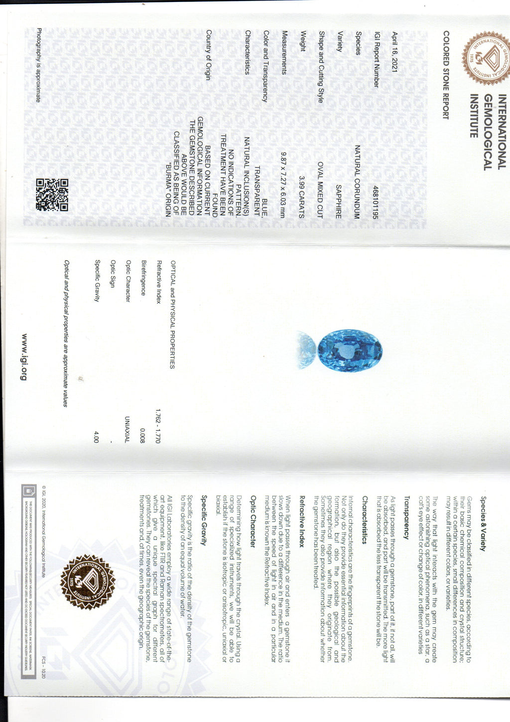 3.99 Ct IGI Certified Unheated Untreated Natural Burma Blue Sapphire AAAA