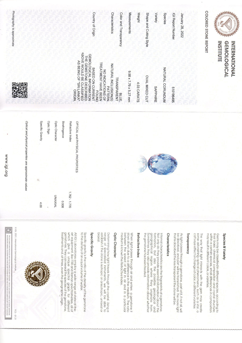 4.03 Ct IGI Certified Unheated Untreated Natural Ceylon Blue Sapphire AAA