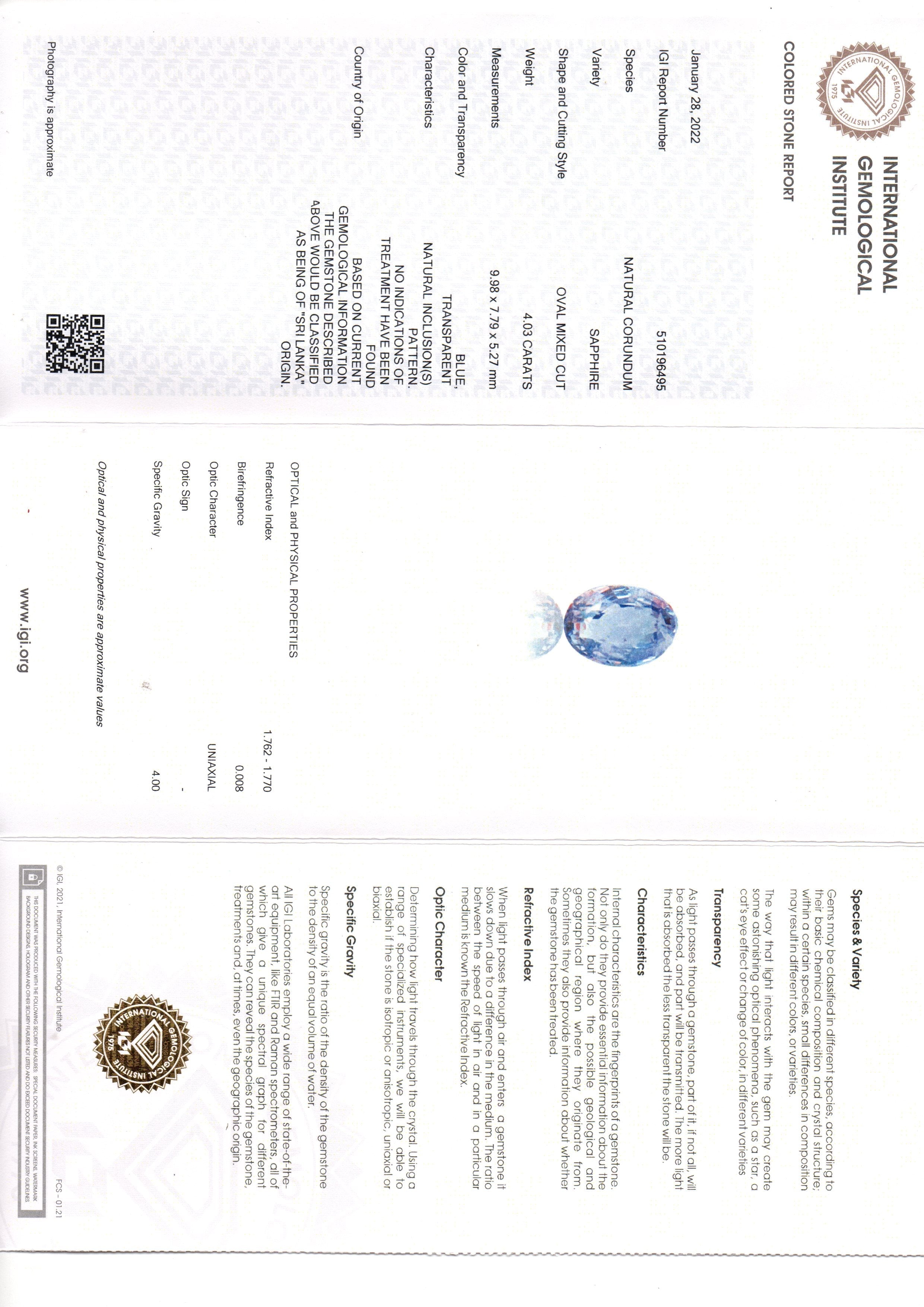 4.03 Ct IGI Certified Unheated Untreated Natural Ceylon Blue Sapphire AAA