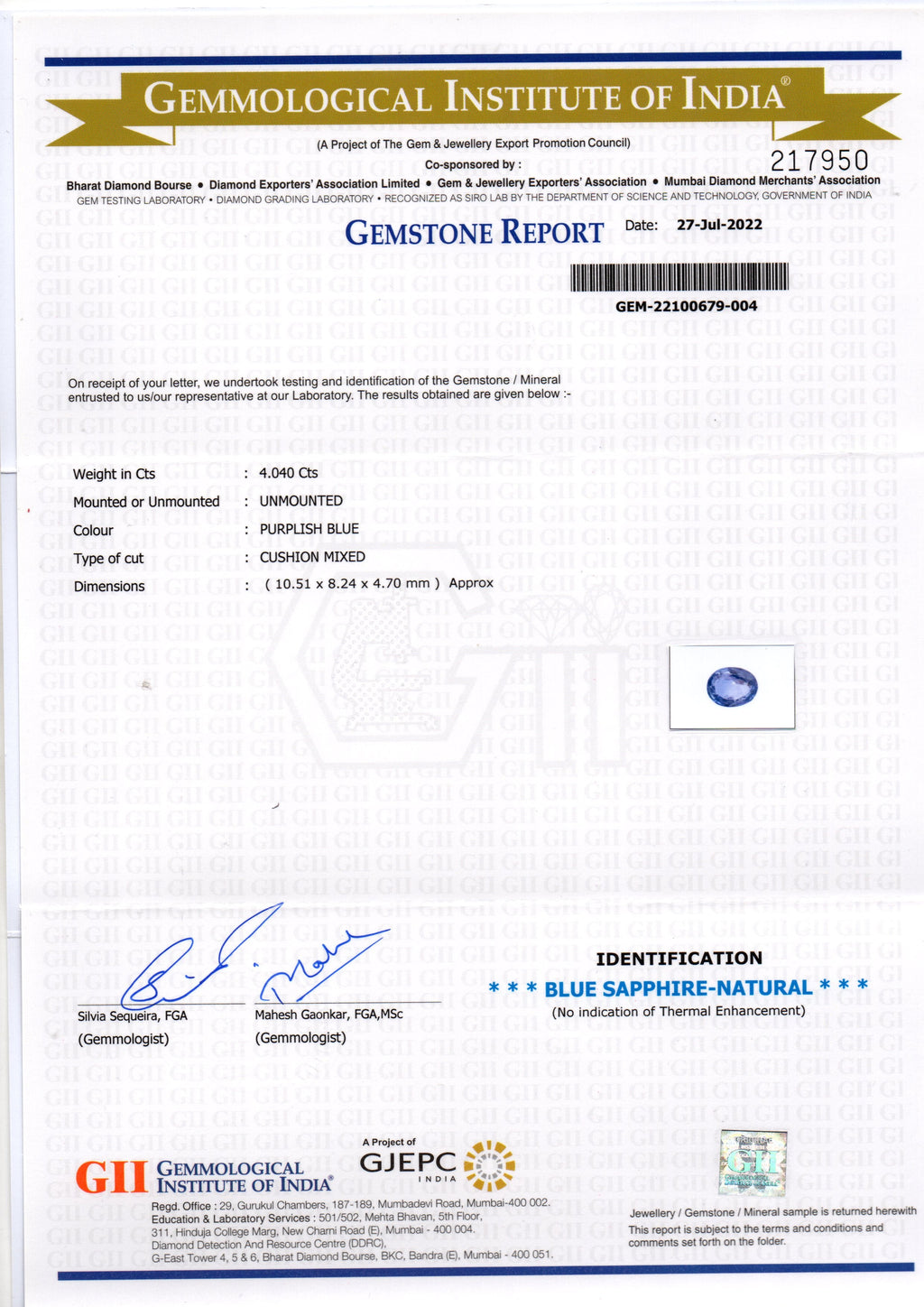 4.04 Ct GII Certified Unheated Untreated Natural Ceylon Blue Sapphire