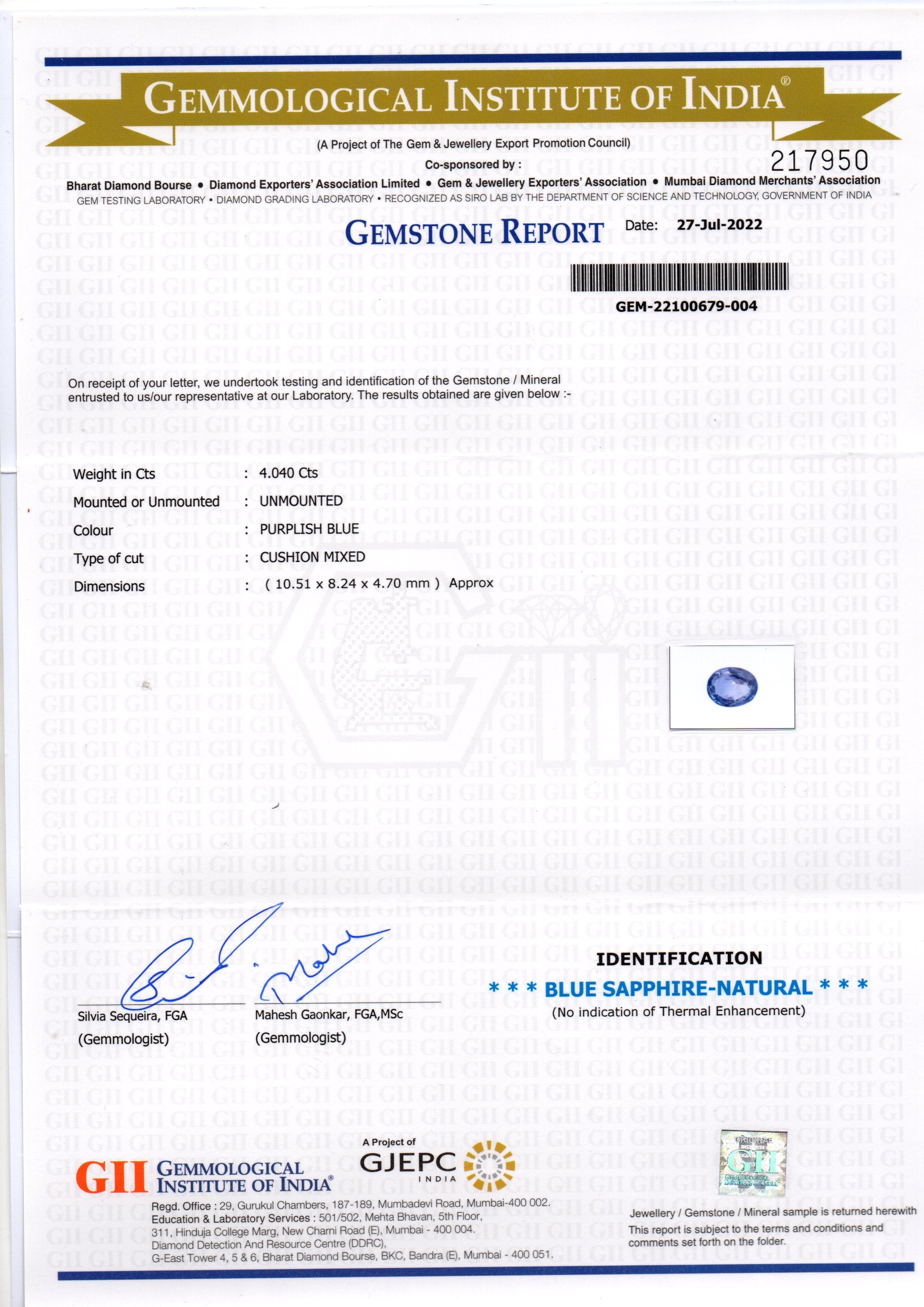 4.04 Ct GII Certified Unheated Untreated Natural Ceylon Blue Sapphire