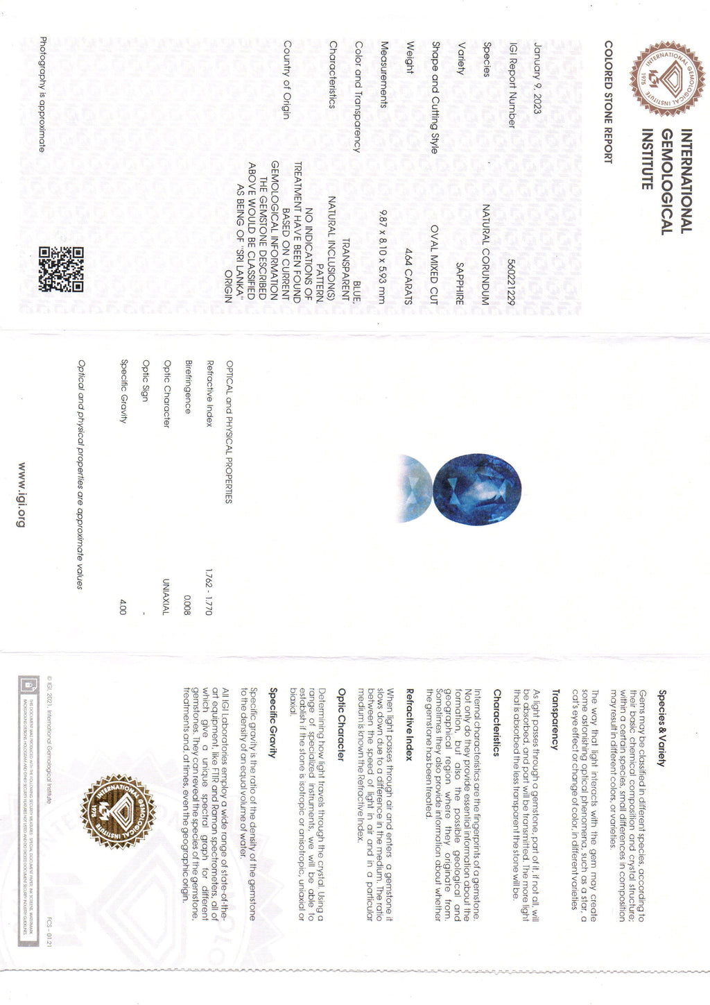 4.64 Ct IGI Certified Unheaated Untreated Natural Ceylon Blue Sapphire AA