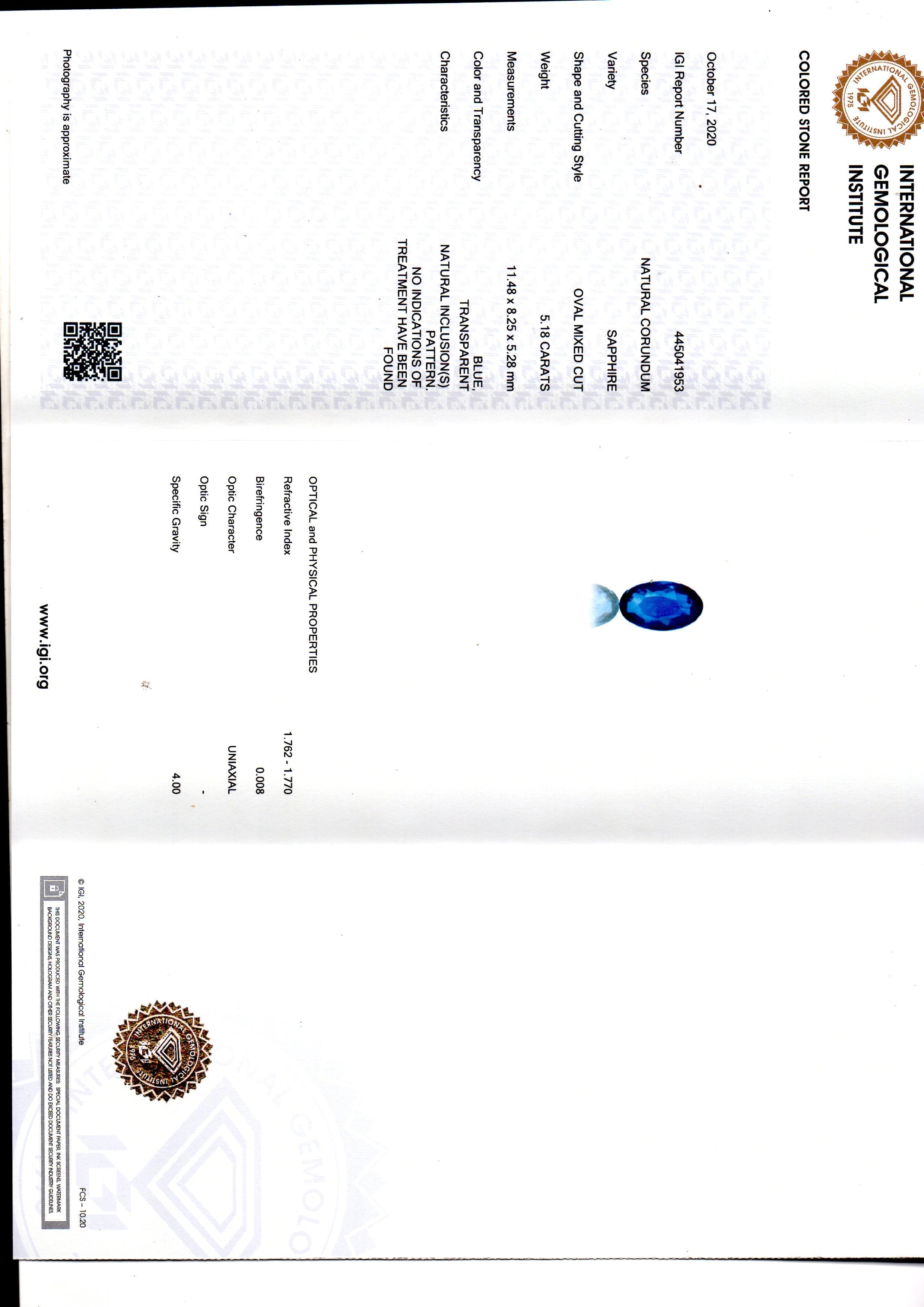 5.18 Ct IGI Certified Unheated Untreated Natural Ceylon Blue Sapphire