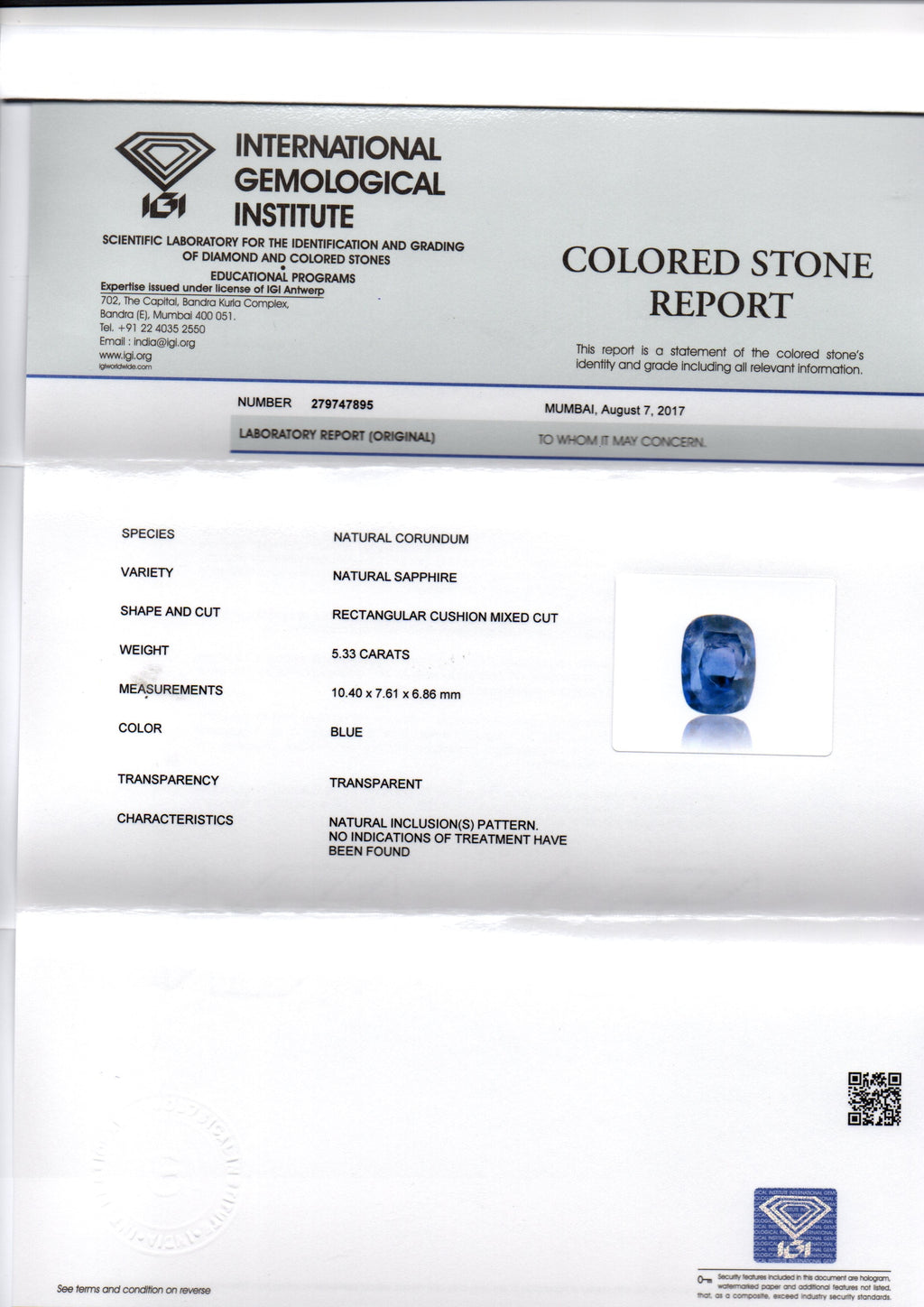 5.33 Ct IGI Certified Unheated Untreated Natural Ceylon Blue Sapphire AA