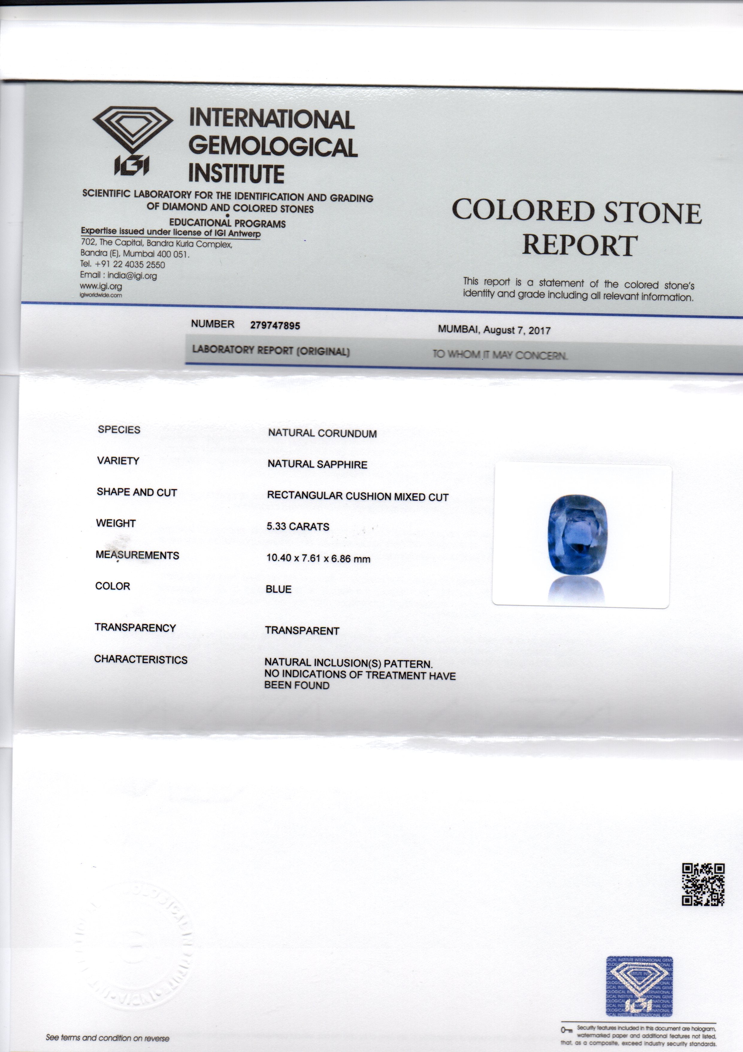 5.33 Ct IGI Certified Unheated Untreated Natural Ceylon Blue Sapphire AA