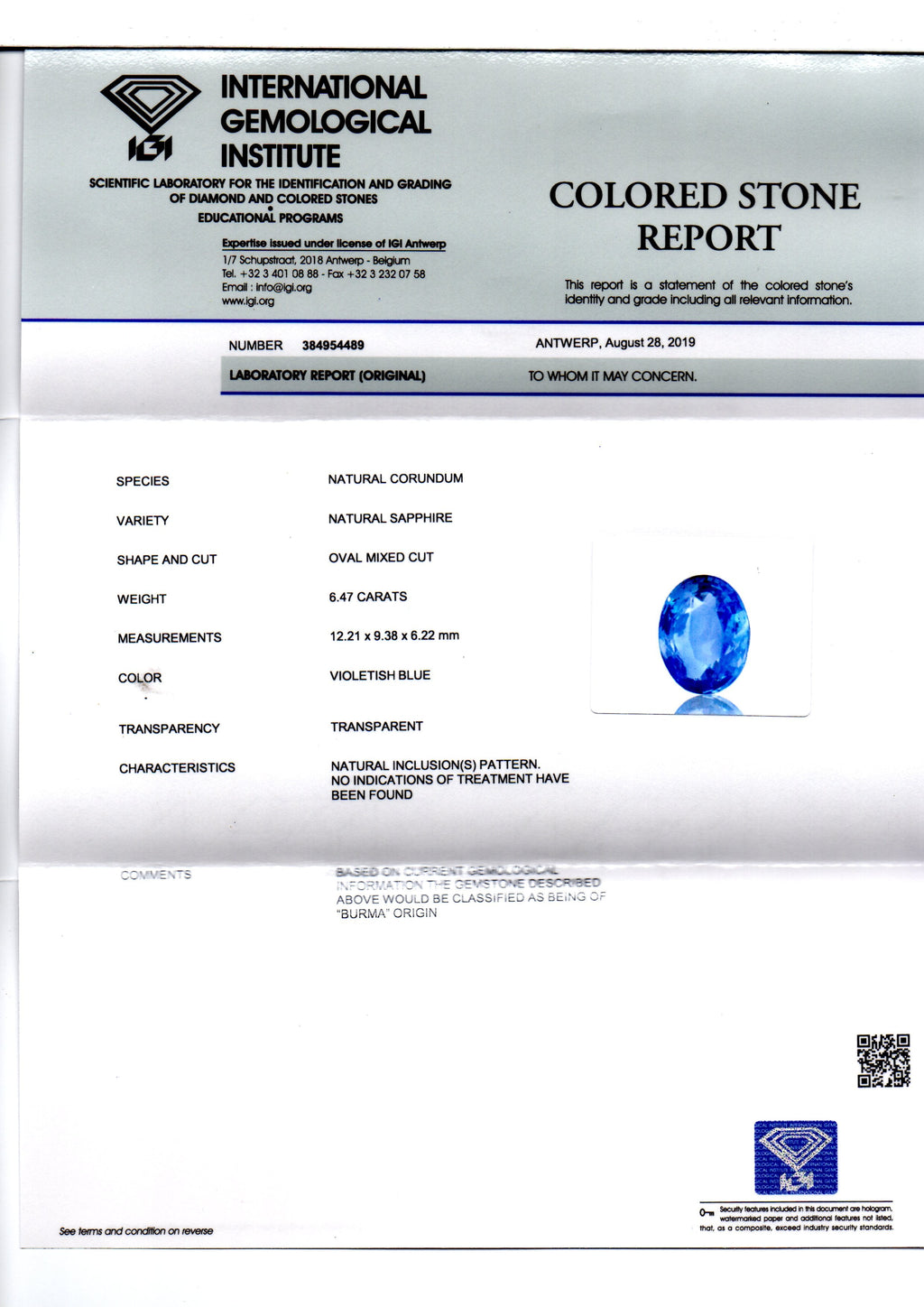 6.47 Ct IGI Certified Unheated Untreated Natural Burma Blue Sapphire