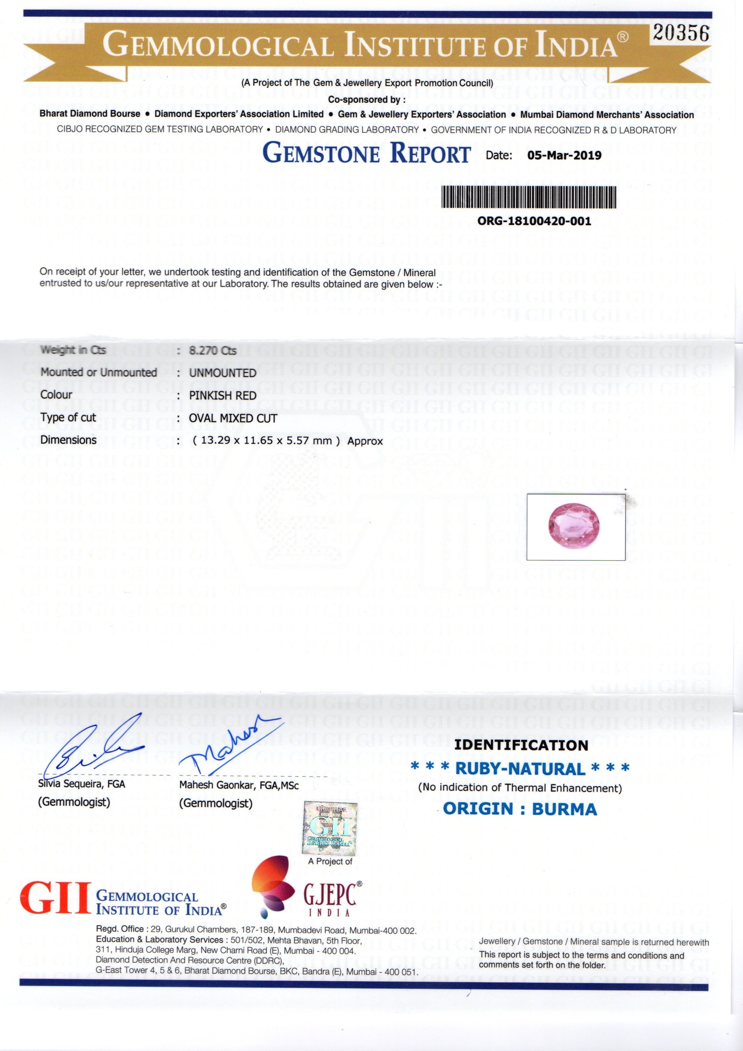 8.27 Ct GII Certified Unheated Untreated Natural Old Burma Ruby AAA