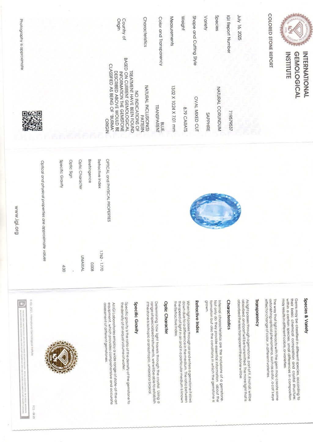 8.79 Ct IGI Certified Unheated Untreated Natural Burma Blue Sapphire